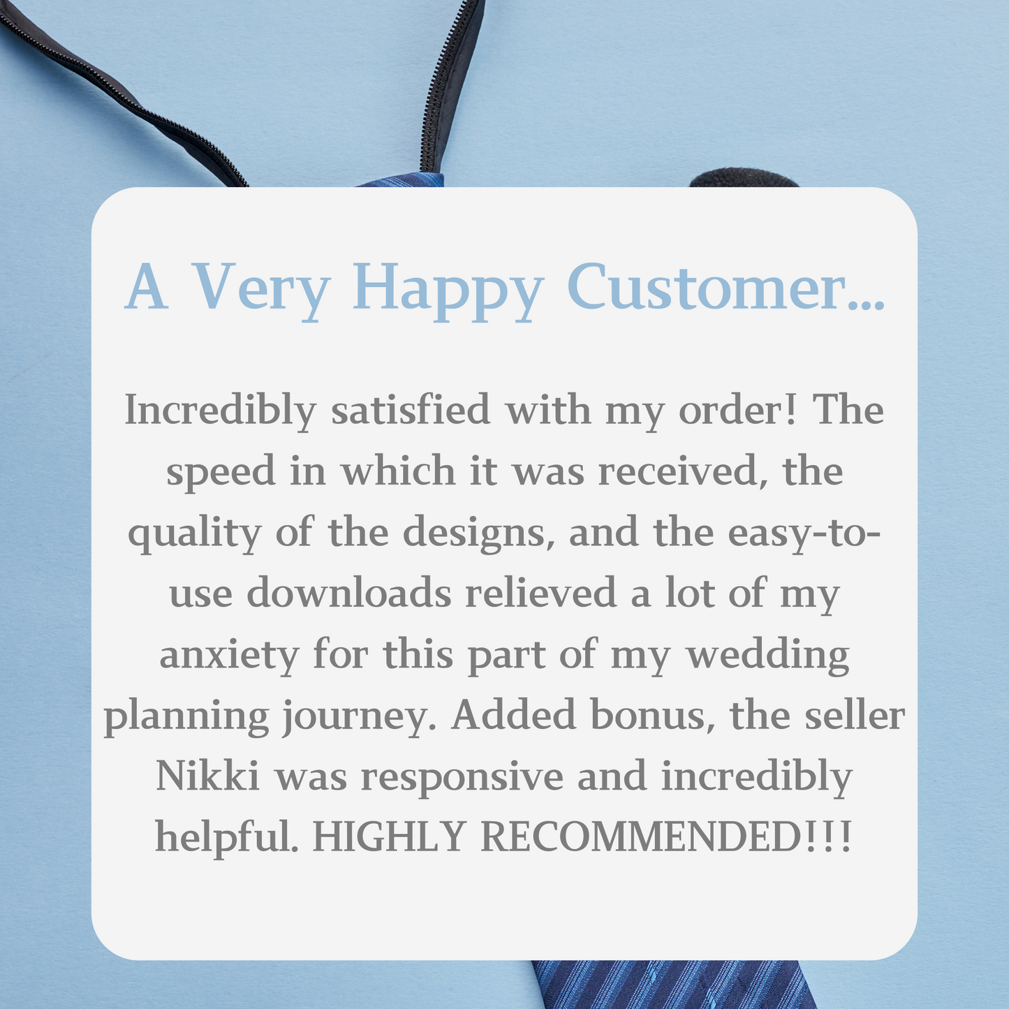 Positive customer review on a light blue background
