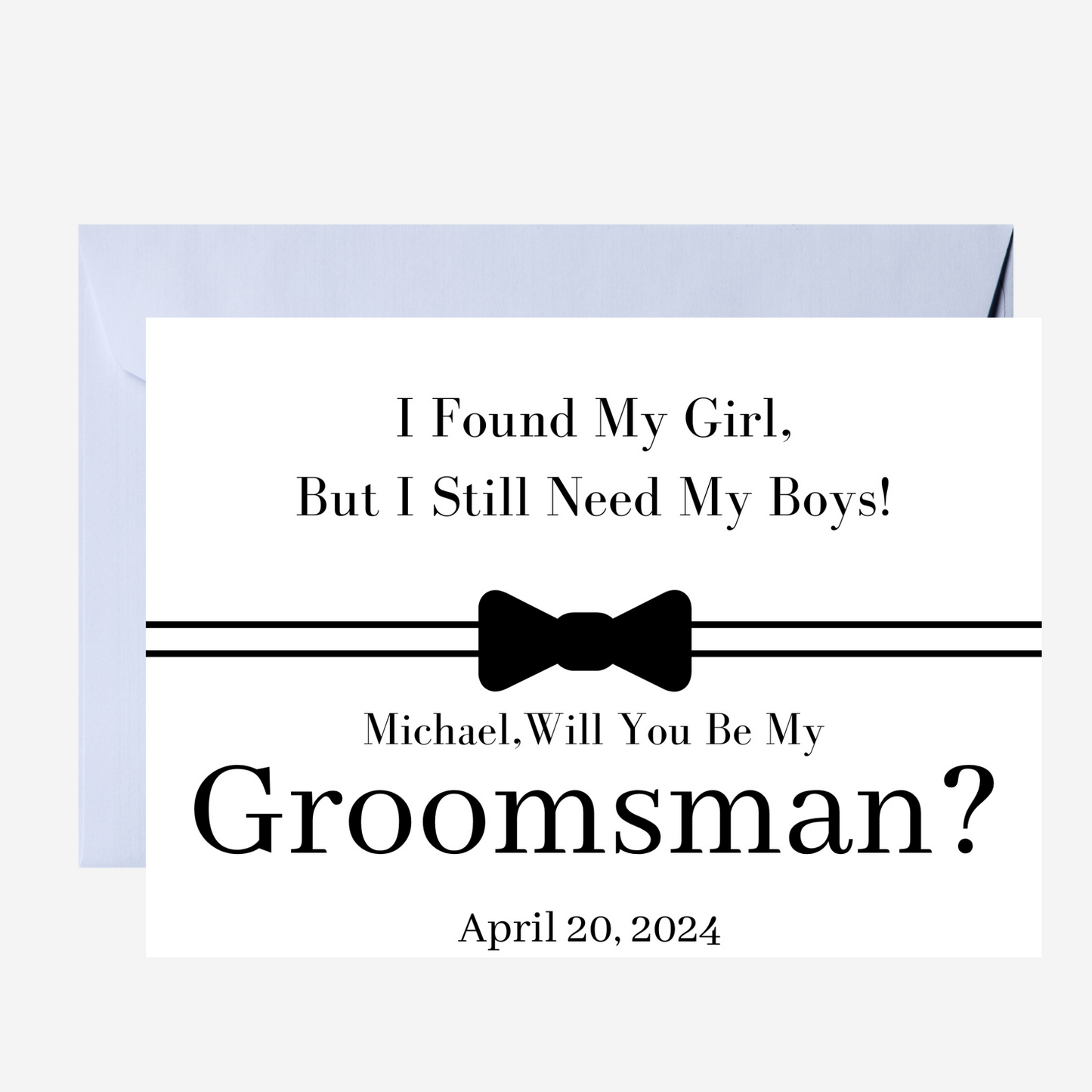 Groomsman request card with bow tie graphic and text on a white background