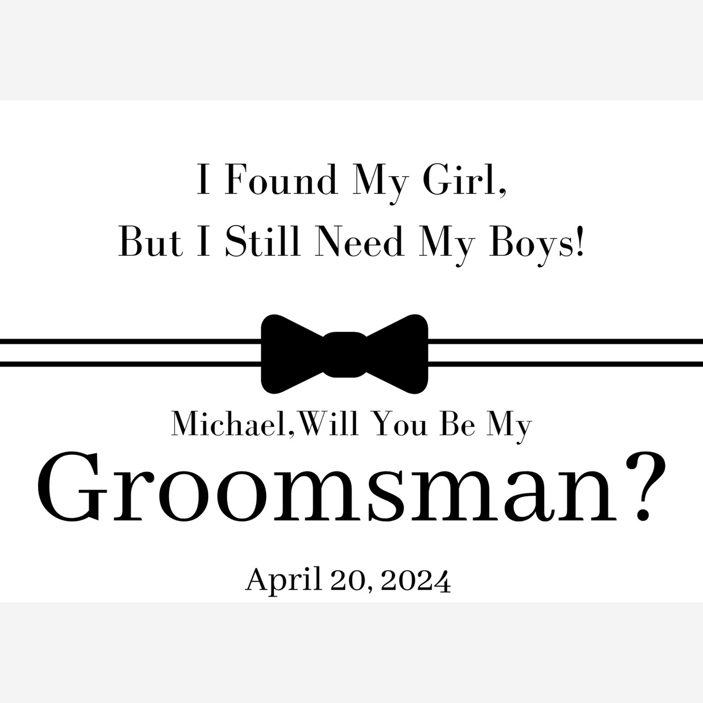 Groomsman request card with bow tie graphic and text on a white background
