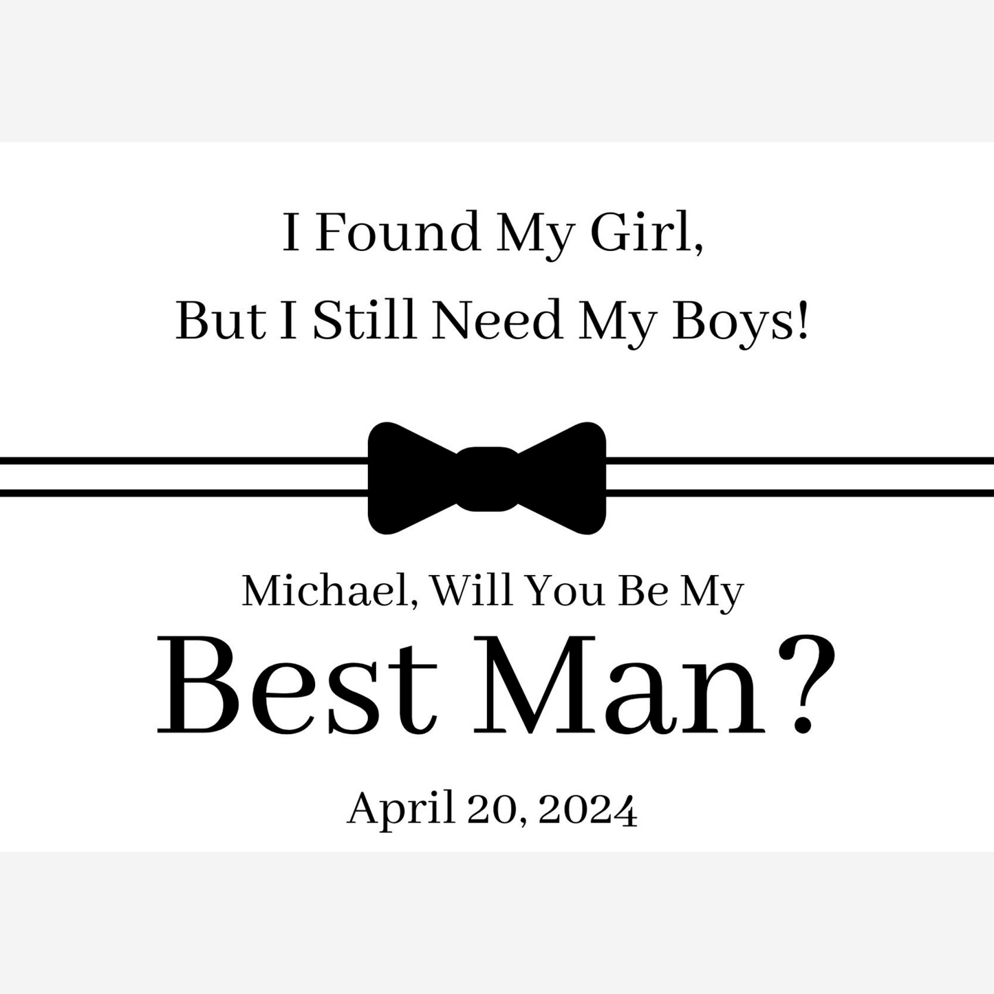 Invitation card asking 'Will you be my best man?' with a bow tie graphic on a white background.