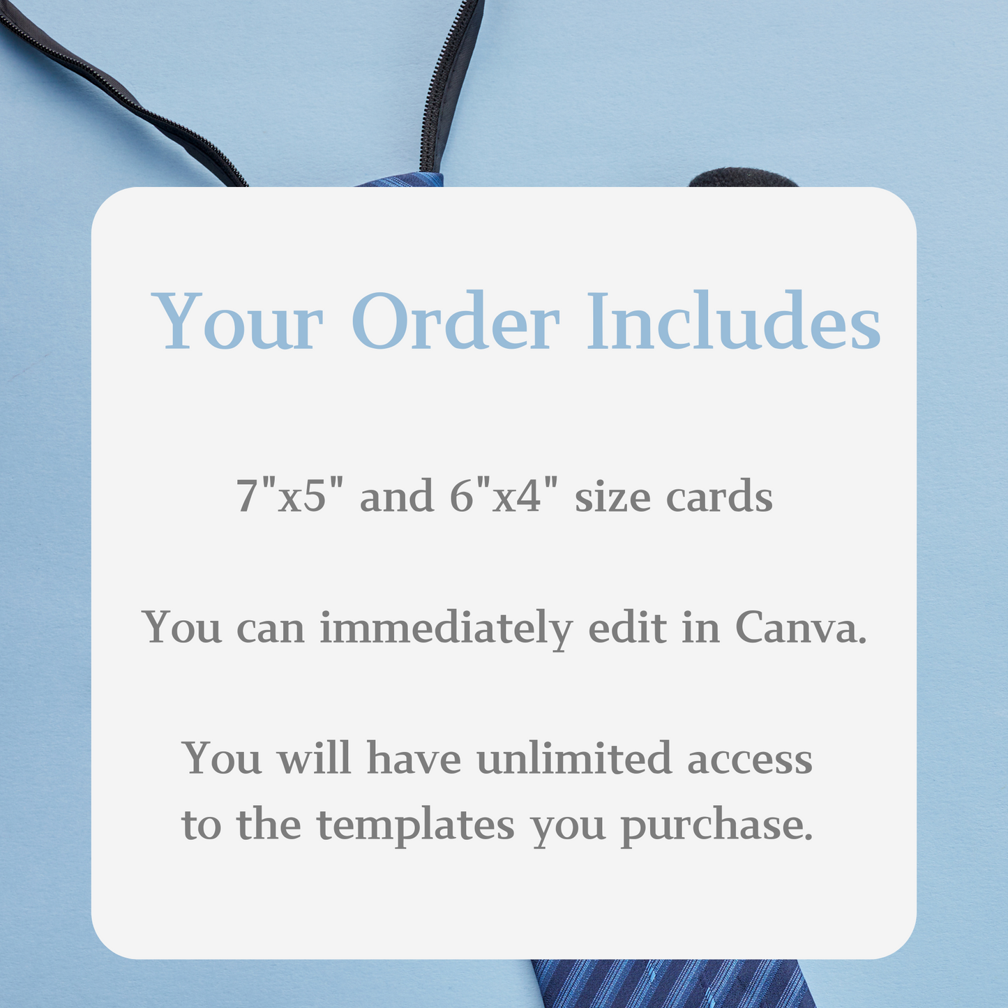 Text overlay on a blue background with information about card sizes and Canva editing capabilities.