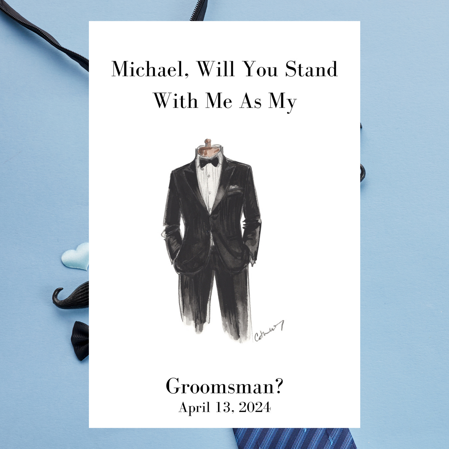 Groomsman proposal card with tuxedo illustration on a light blue background