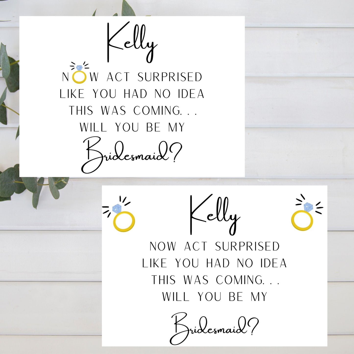 Two cards with 'Will you be my bridesmaid?' question on a white wooden background.