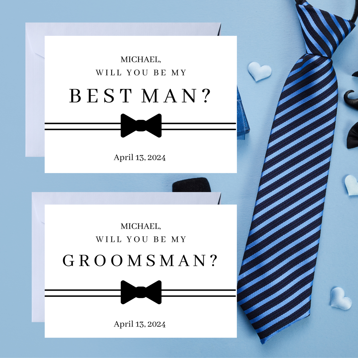 Two invitation cards asking 'Will you be my Best Man?' and 'Groomsman?' with a striped tie on a blue background.