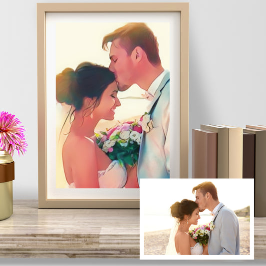 A framed cartoon portrait of a couple, with the woman wearing a white dress and the man wearing a grey suit, displayed on a table with a blurred background.