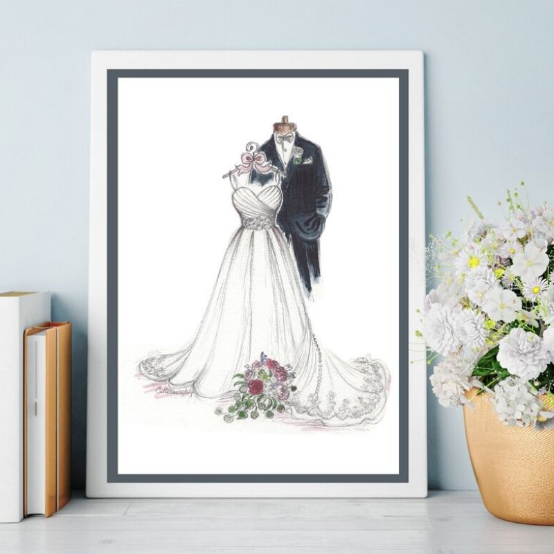 wedding dress sketch and suit sketch framed