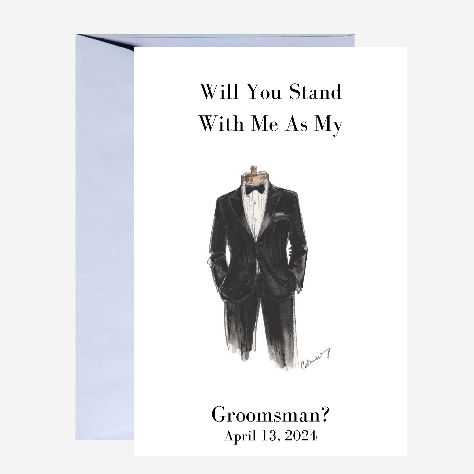 Groomsman proposal card with tuxedo illustration and text asking if you will stand with the groom on April 13, 2024.