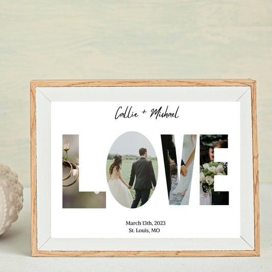A customizable anniversary gift print with the word 'Love' in the center, surrounded by images of a couple, with the names 'Callie & Michael' and a date 'March 19, 2024, St. Louis, MO' on the lower part of the image.