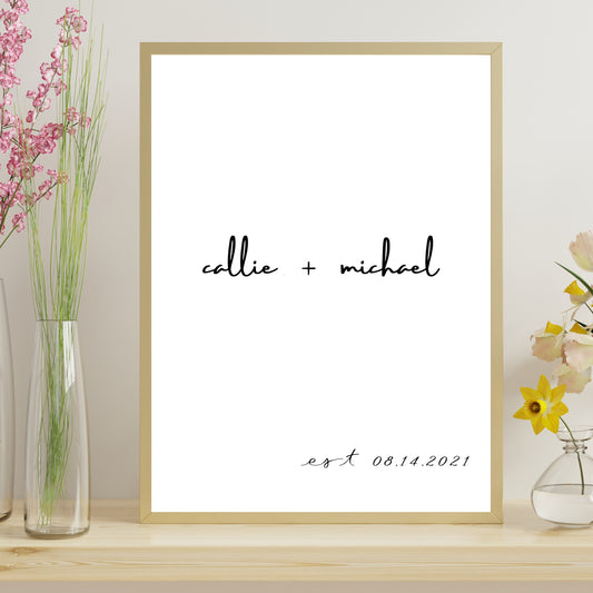A customizable anniversary gift print with the names 'Callie' and 'Michael' on it, displayed on a wooden surface with flowers and glass vases in the background.
