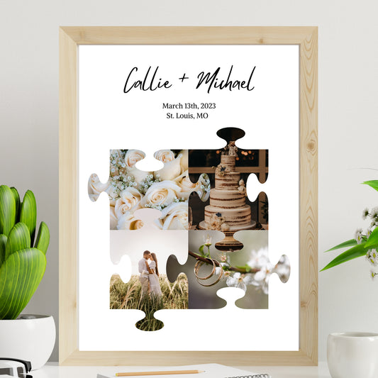 A customizable puzzle-shaped print with various photo sections and customizable text areas, displayed on a wooden frame, with a sample text 'CALLIE + MICHAEL' and a date 'MARCH 11, 2013, ST. LOUIS, MO.