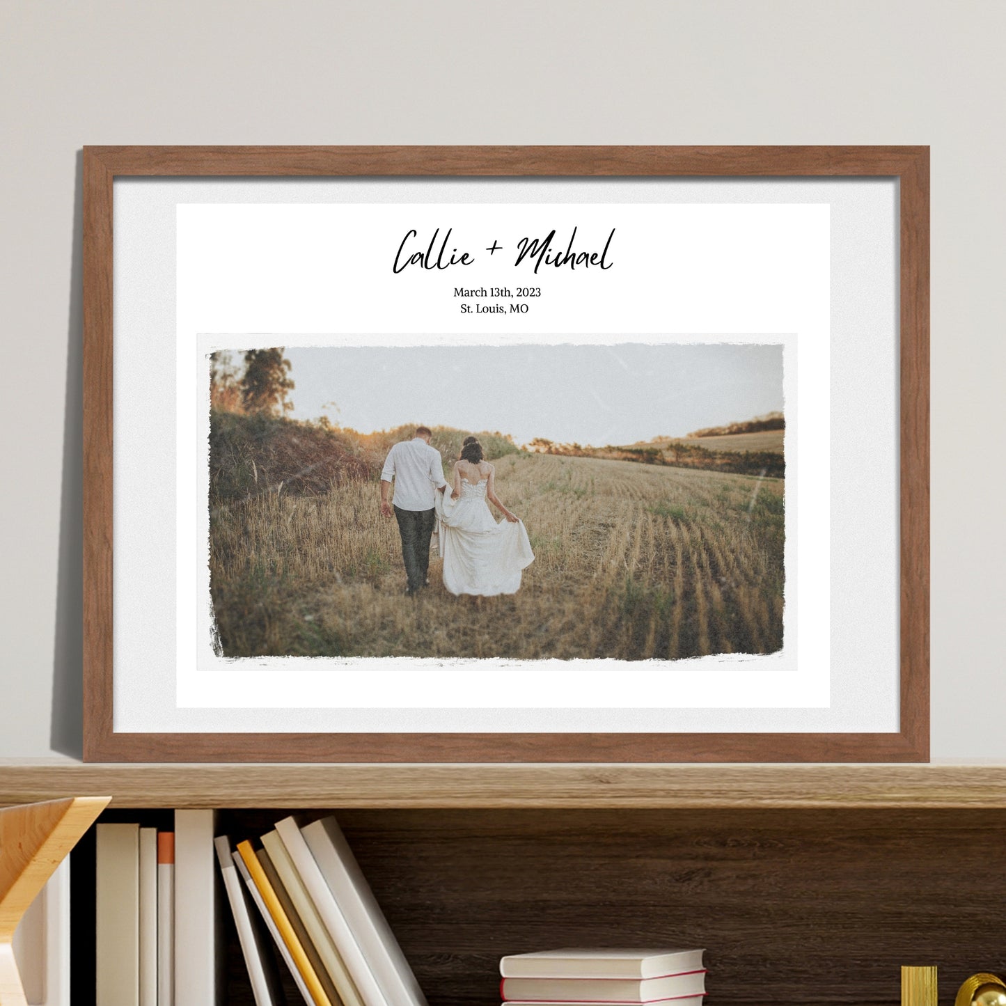 framed wedding photo with names and dates