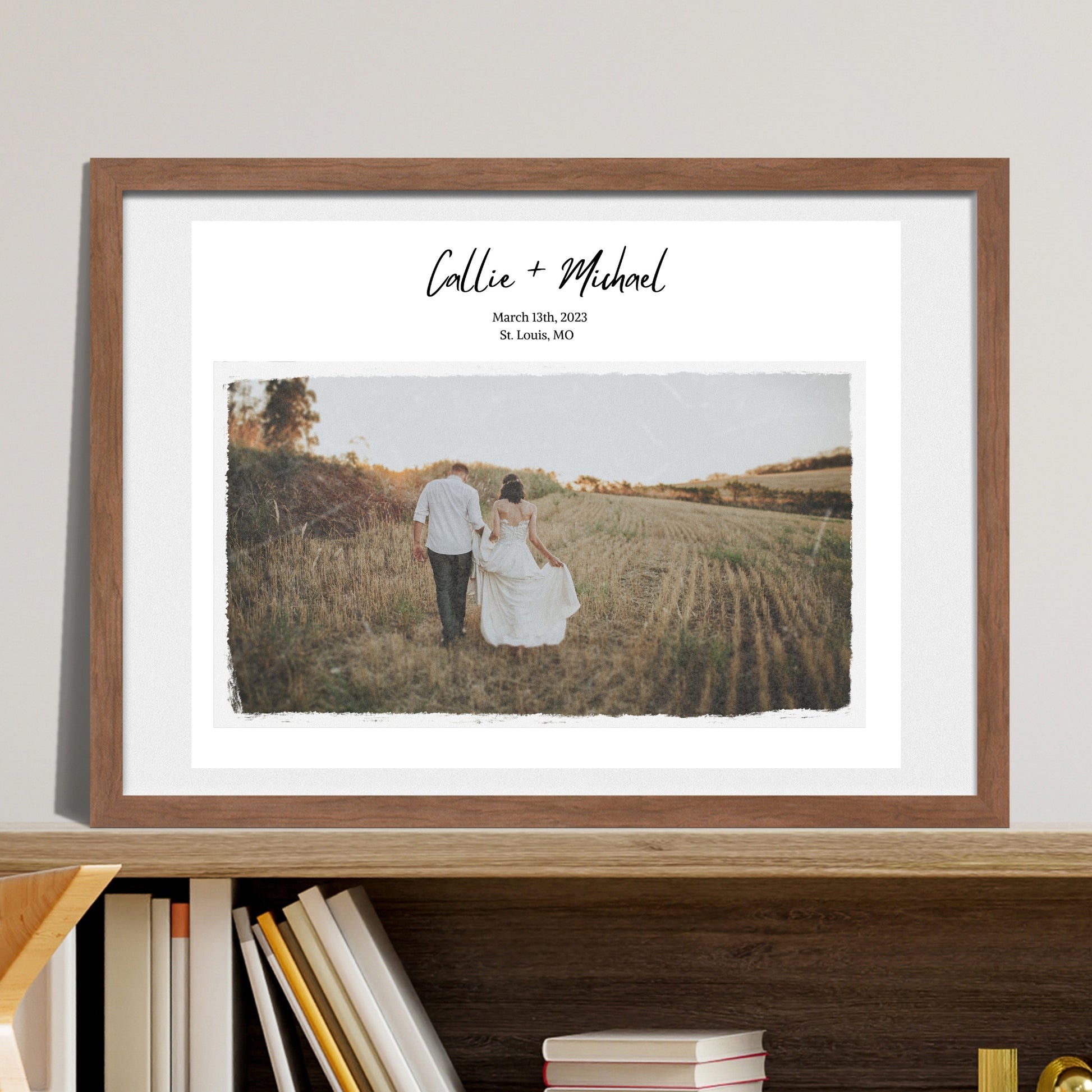framed wedding photo with names and dates