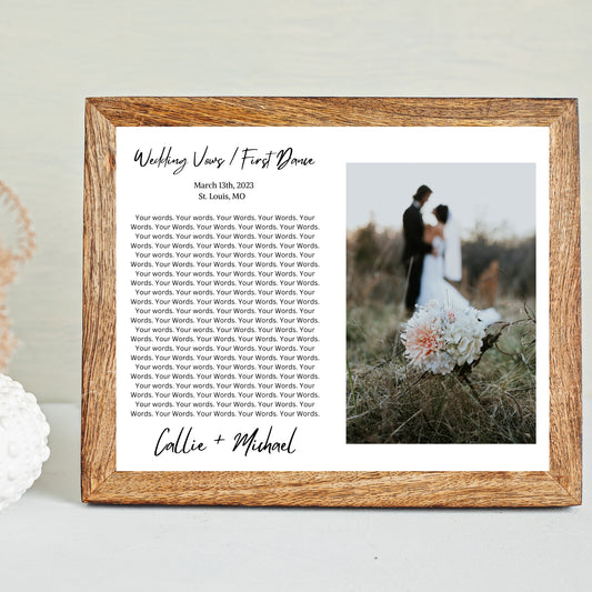 A customizable wooden frame with an excerpt of a wedding vow printed in the center, surrounded by a photo of a couple.