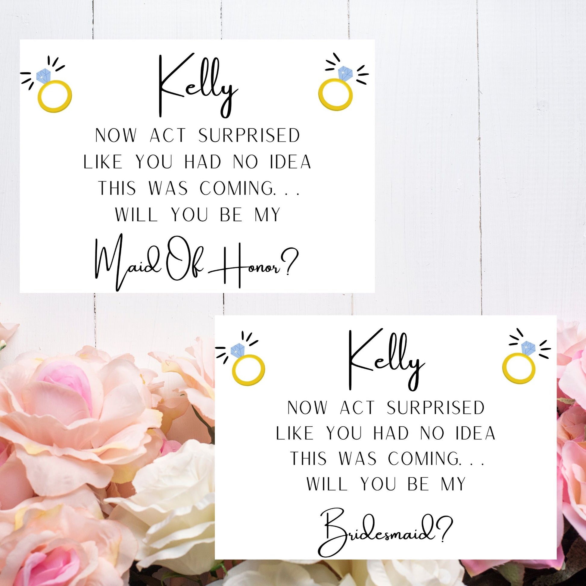 Two cards with floral design and text asking if someone will be maid of honor or bridesmaid.