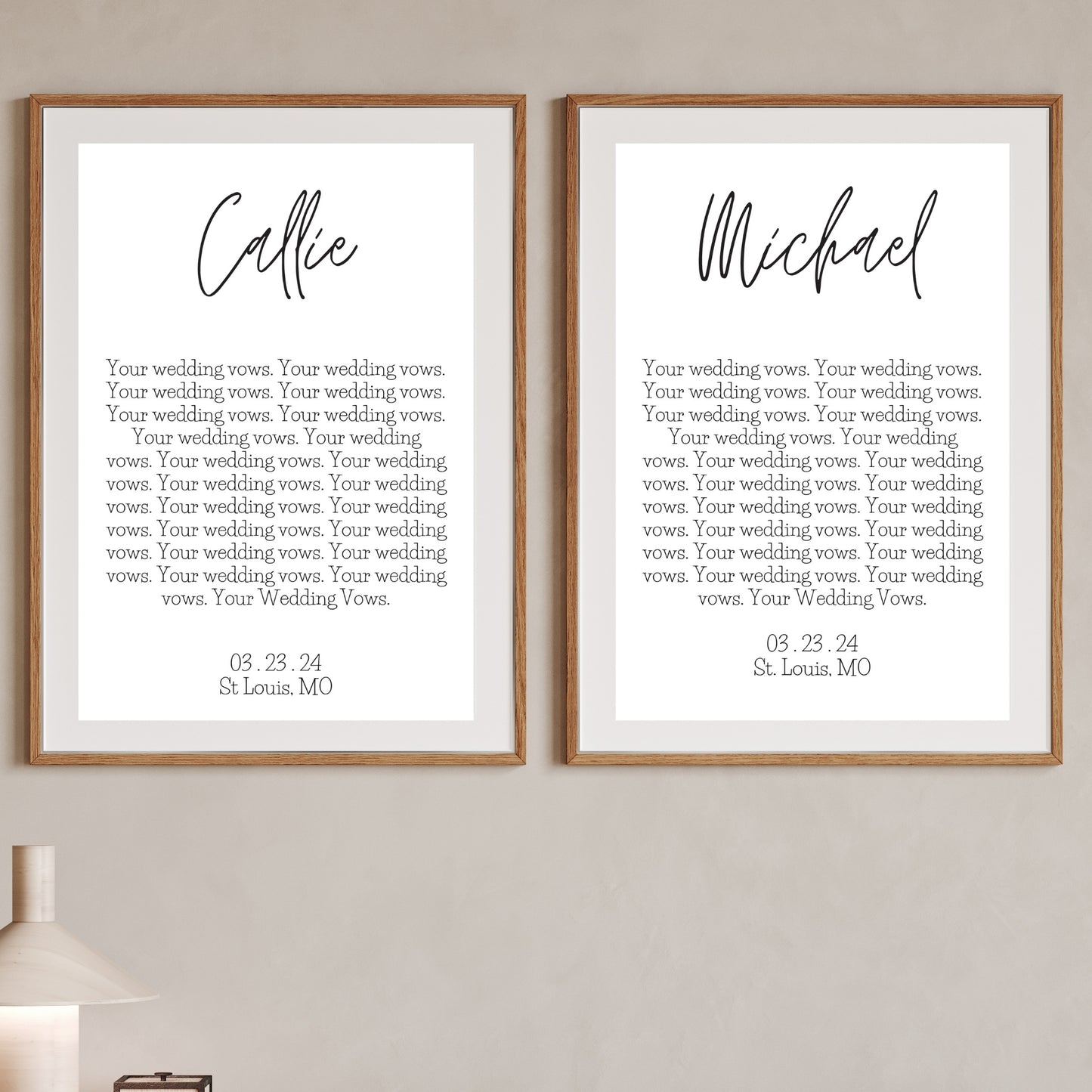 Prints with wedding vows, couples name, and wedding date.