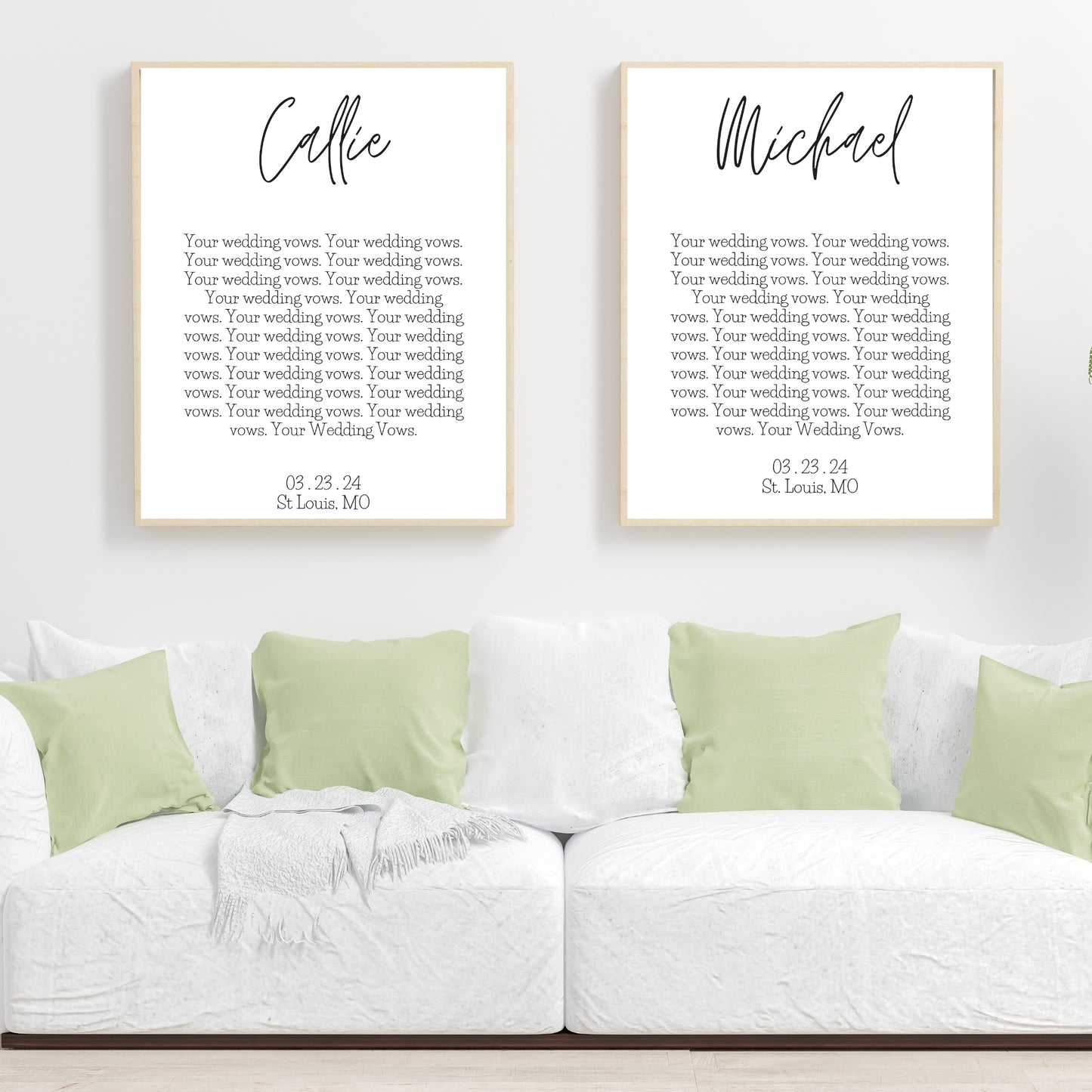 First names, wedding vows and dates on two framed prints.