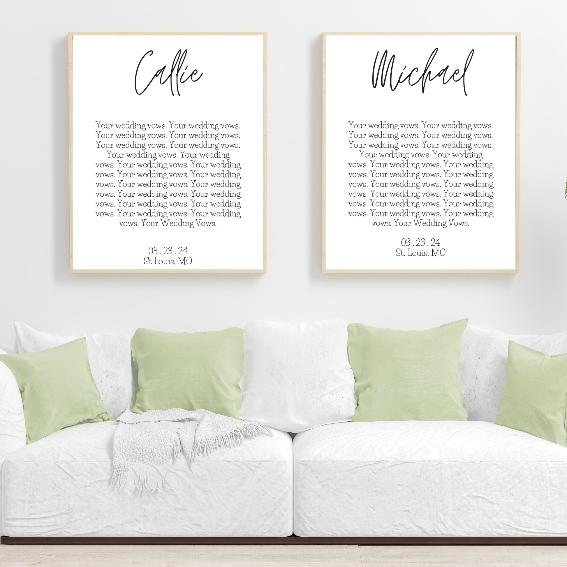 First names, wedding vows and dates on two framed prints.