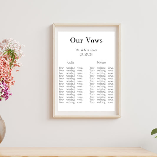 A customizable wedding vows anniversary gift poster with the names 'Mr & Mrs Jones' at the top and a blank space for customization below. The poster is displayed on a wall above a wooden surface with a vase of flowers to the left.