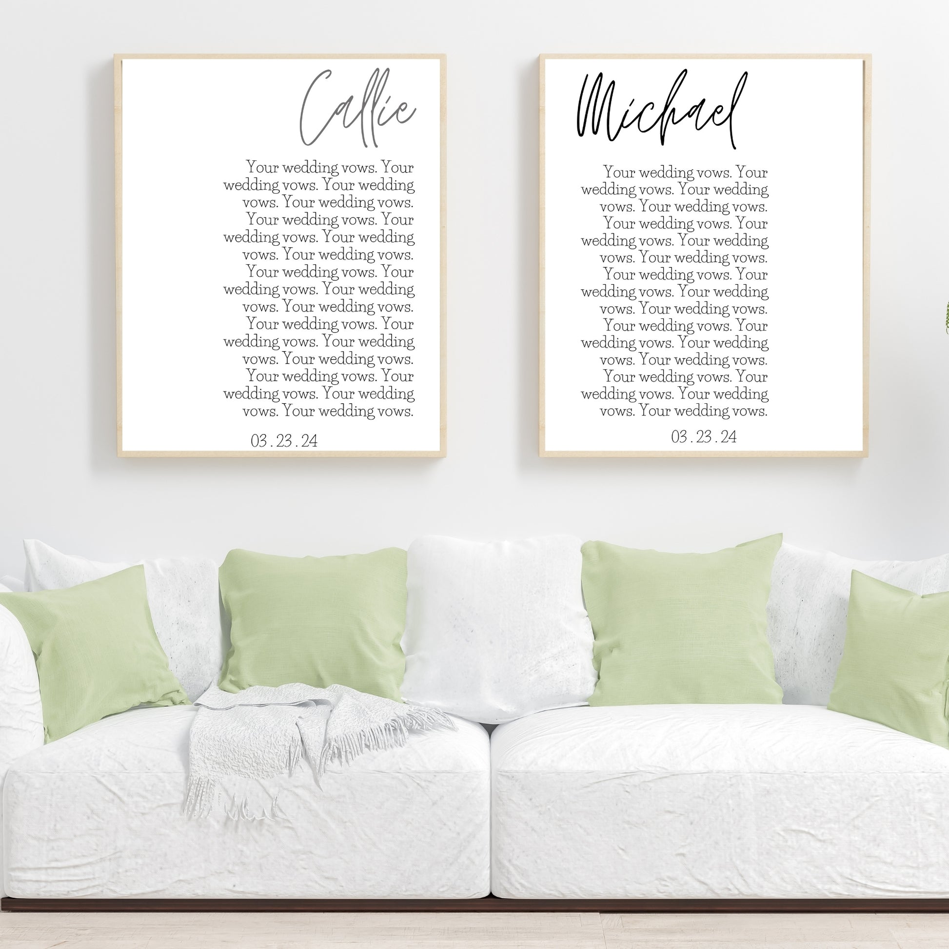 One year anniversary gift with printed pieces with the wedding vows and names.