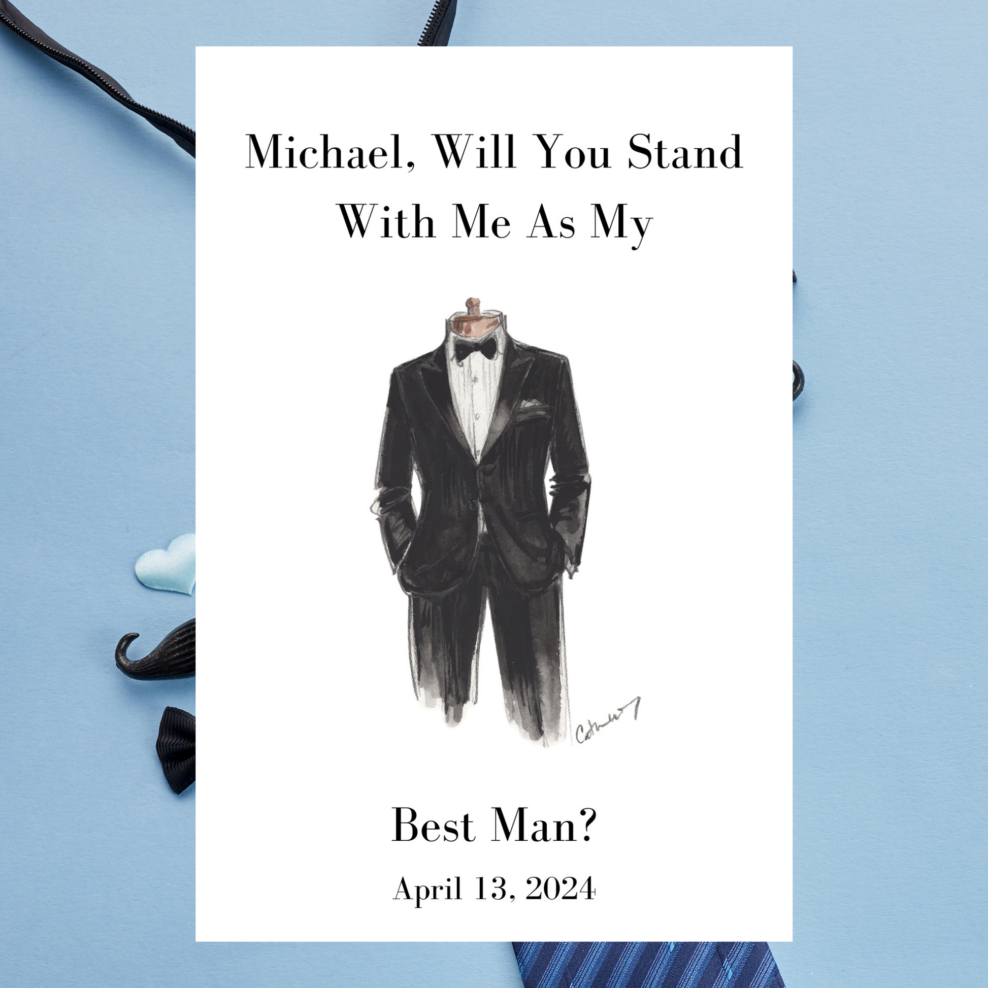 Groomsmen proposal card with tuxedo illustration and text on a light blue background