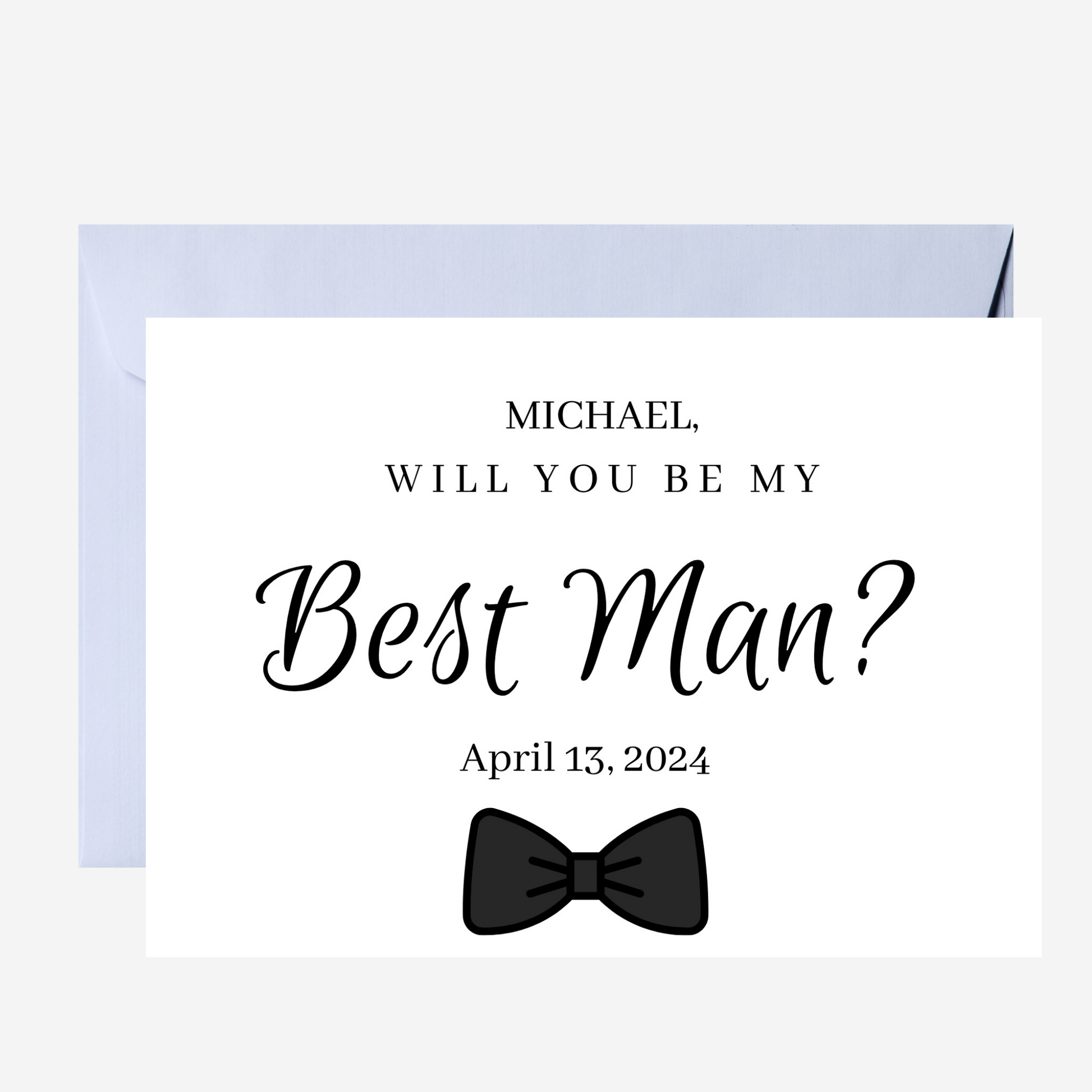 Card with 'Will you be my Best Man?' text and a bow tie illustration on a white background.