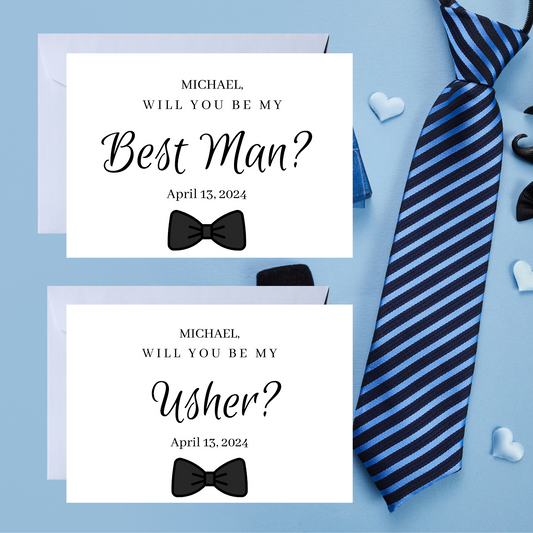 Two cards asking 'Will you be my Best Man?' and 'Usher?' with a striped tie and bow ties on a blue background.