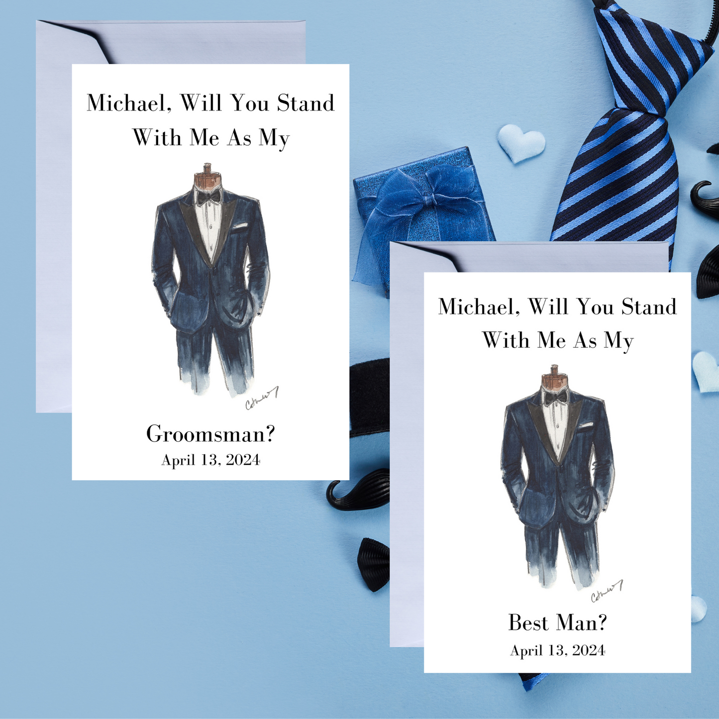 Two groomsmen proposal cards with tuxedos on a light blue background.
