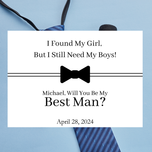 Proposal card with bow tie graphic and text on a blue background
