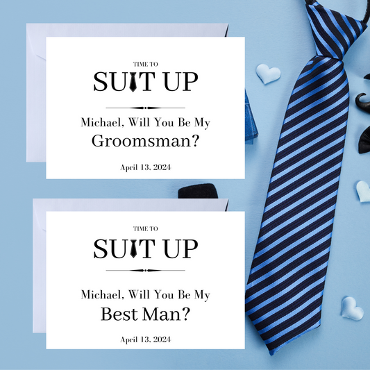 Two invitation cards asking 'Will You Be My Groomsman?' and 'Best Man?' with a striped tie on a blue background.