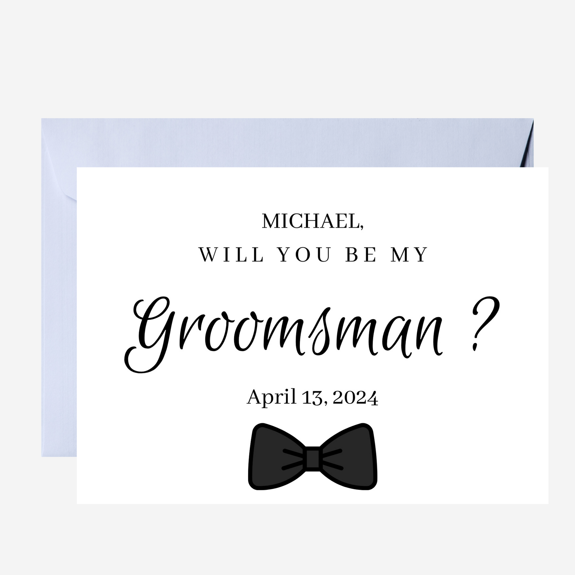 Card asking 'Will you be my groomsman?' with a bow tie illustration on a white background.
