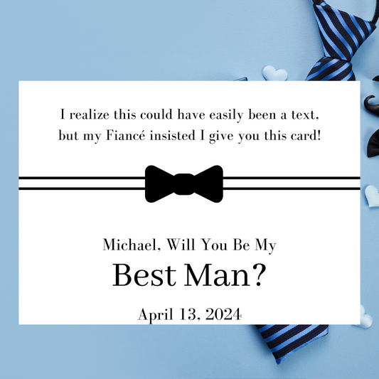 Card with bow tie design and text asking if someone will be best man, on a blue background.