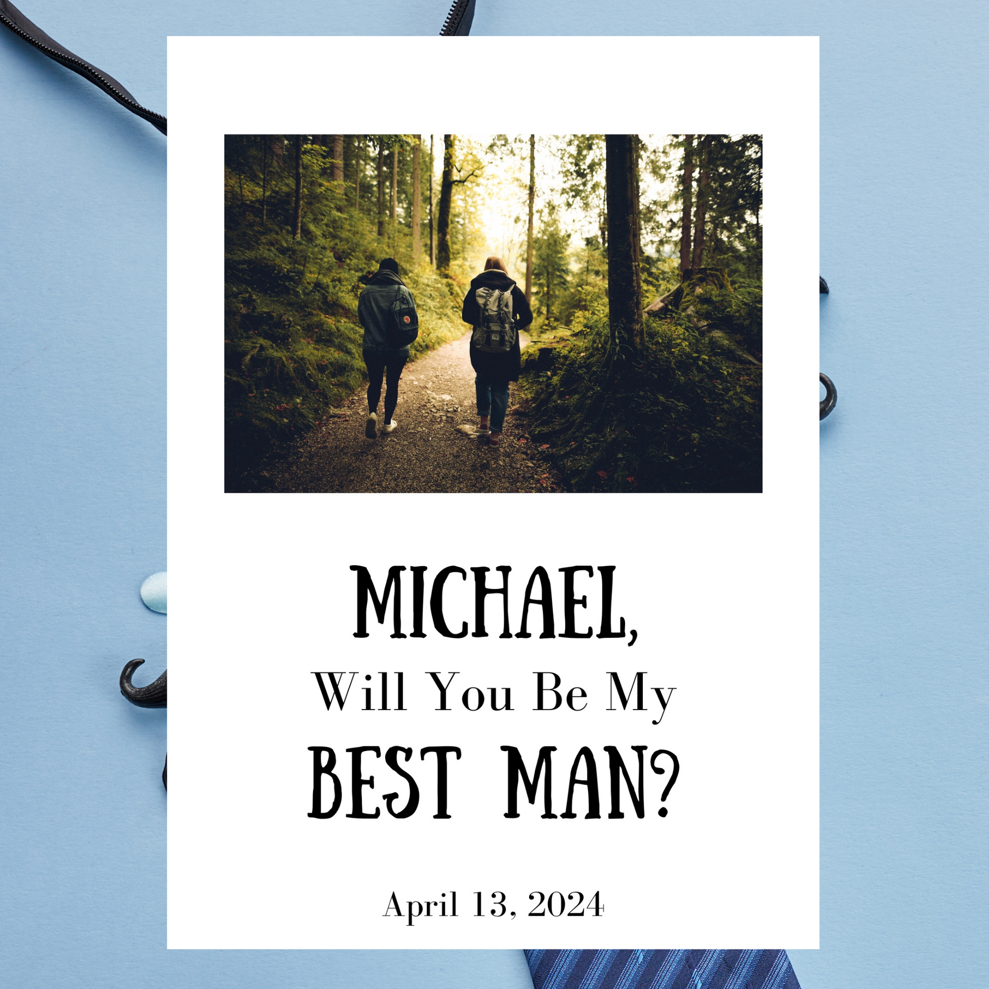 Invitation card with two people walking in a forest and text asking if someone will be the best man, on a blue background.