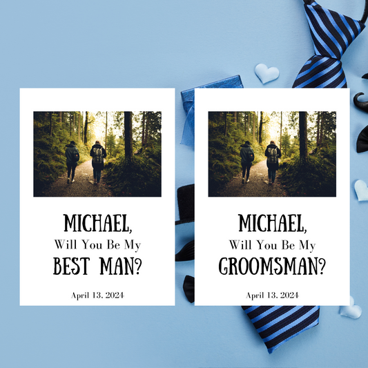 Two cards with a forest scene and text asking if someone will be best man or groomsman on a blue background.