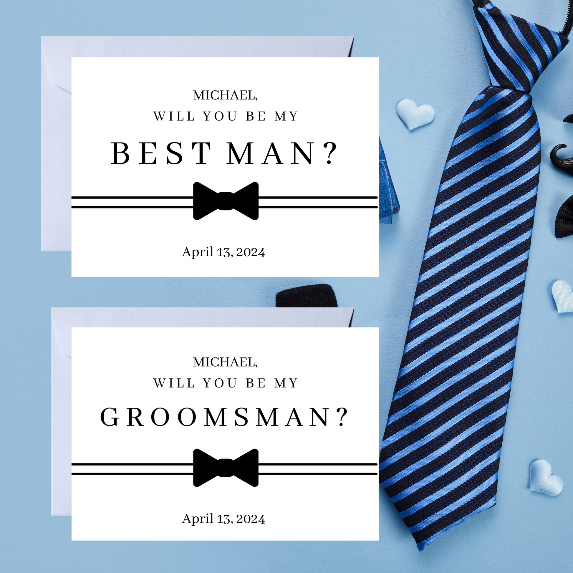 Two invitation cards asking 'Will you be my Best Man?' and 'Groomsman?' with a striped tie on a blue background.