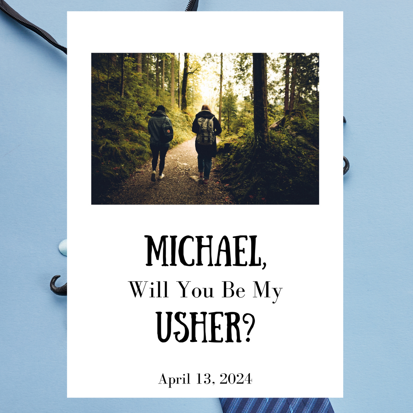Invitation card with two people walking in a forest and text asking 'Michael, Will You Be My Usher? April 13, 2024'.