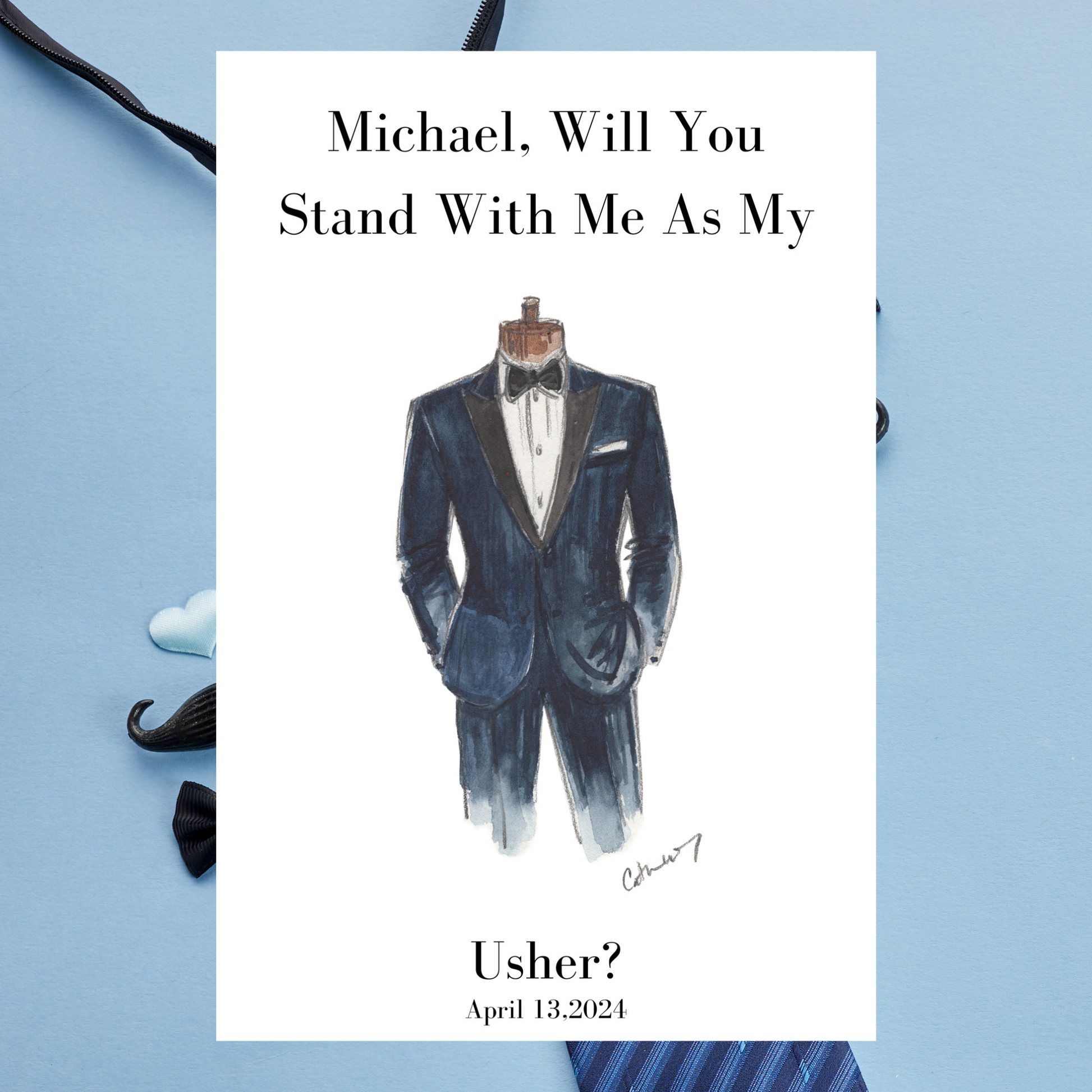 Groom's tuxedo with 'Will You Stand With Me As My Usher?' text on a light blue background