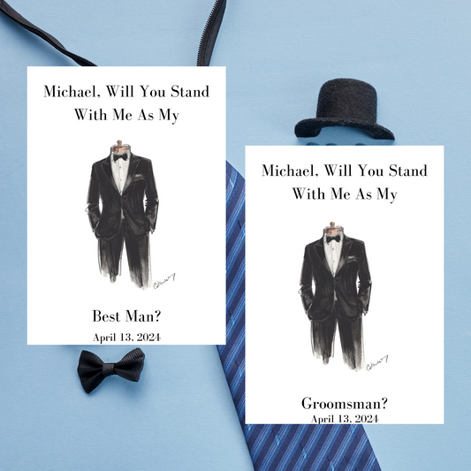 Two cards with tuxedo illustrations and text on a blue background