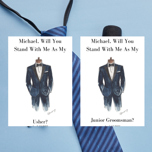 Two cards with suit illustrations and text on a blue background