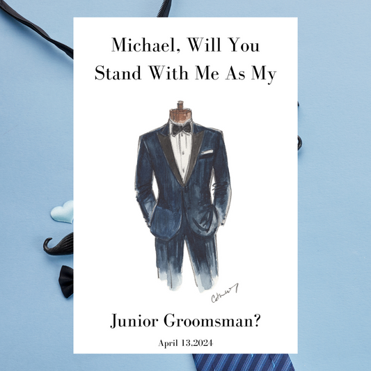 Groomsmen proposal card with tuxedo illustration on a light blue background