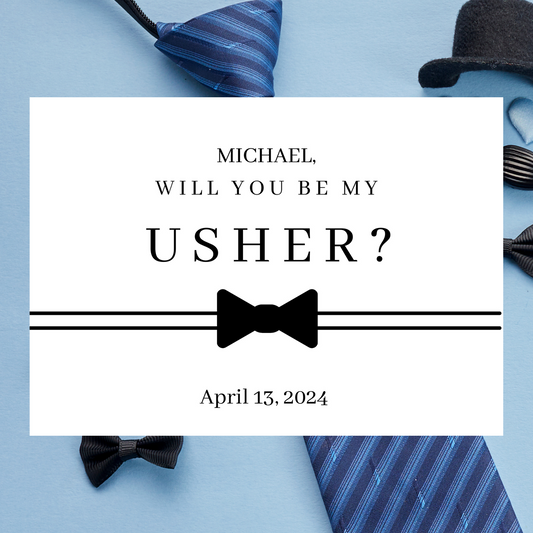 Greeting card with 'Will you be my usher?' text on a blue background with ties and a hat.